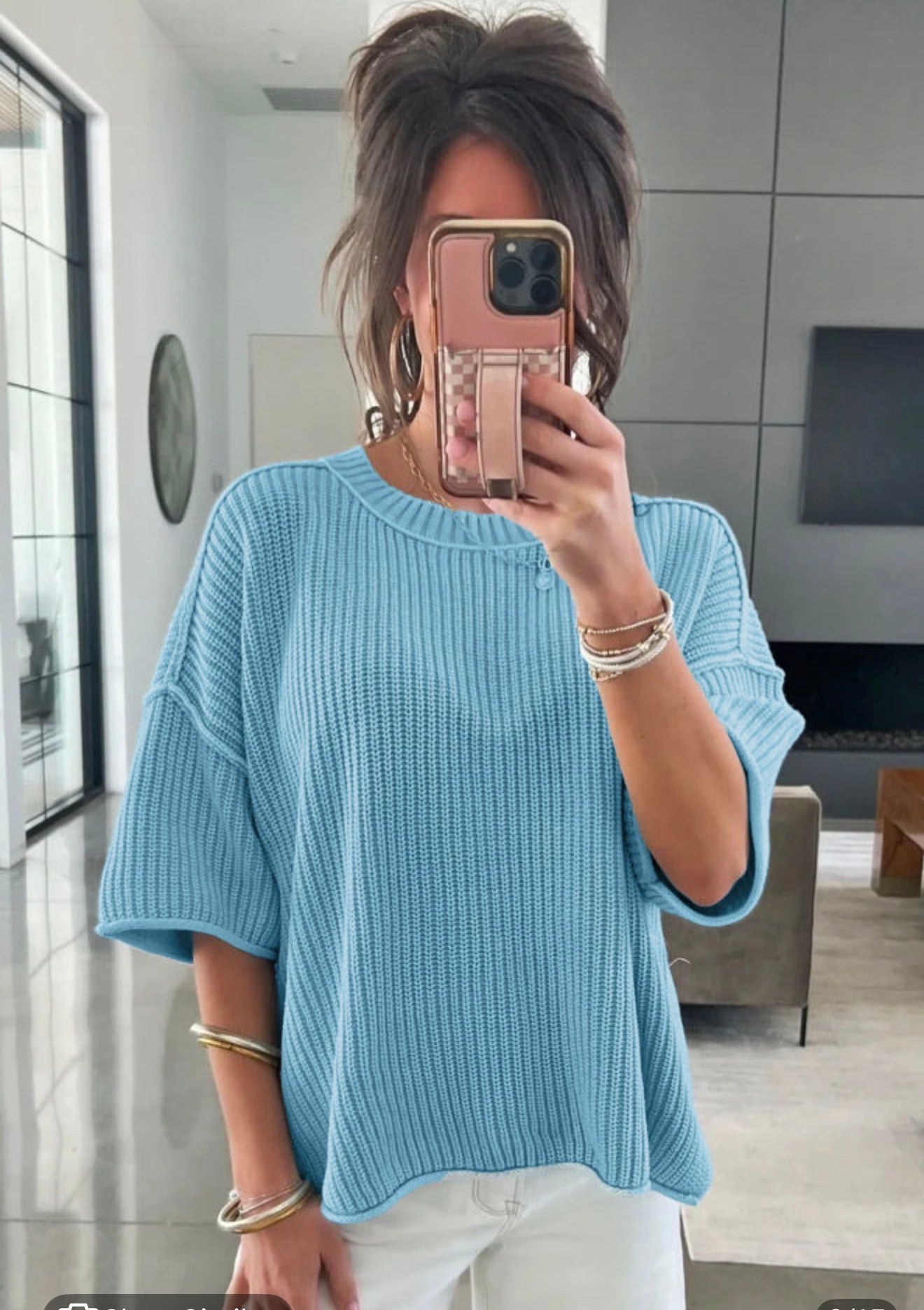 Mist Blue Exposed Seam Loose Sweater