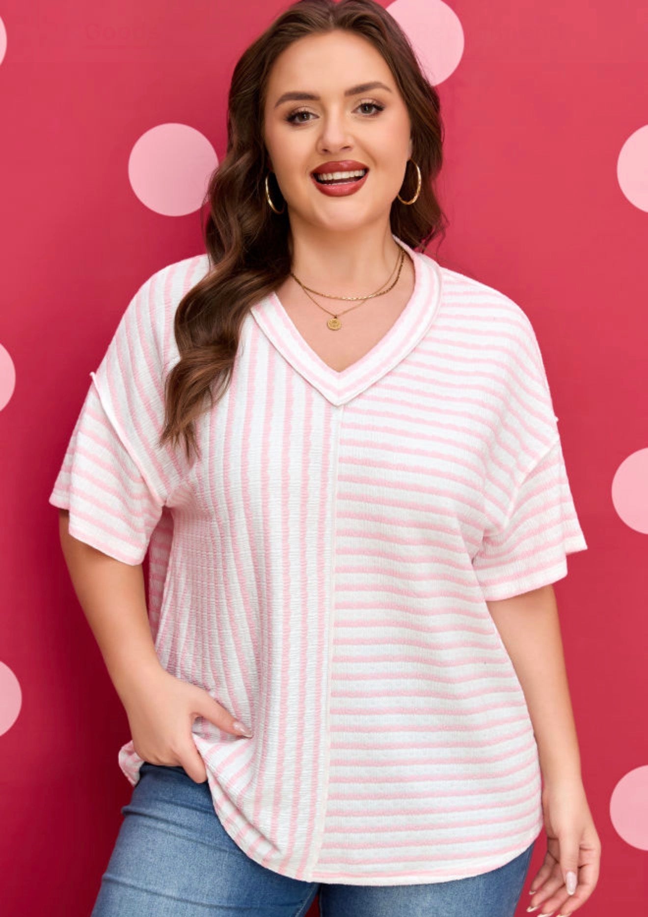 Pink Strip V Neck Exposed Seam