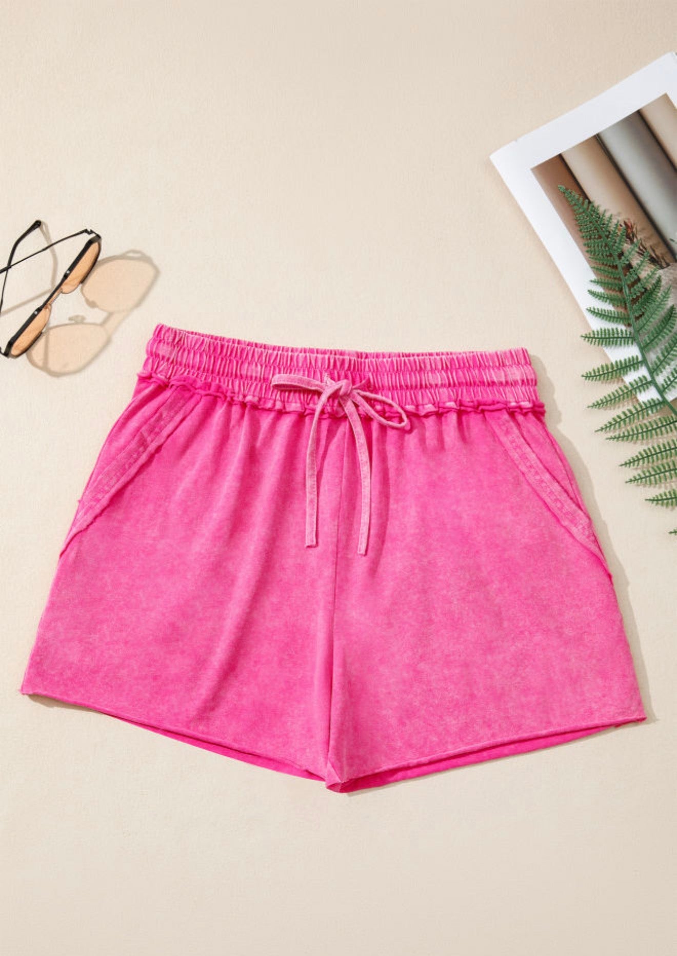Mineral Wash Drawstring Elastic Waist raw cut Shorts