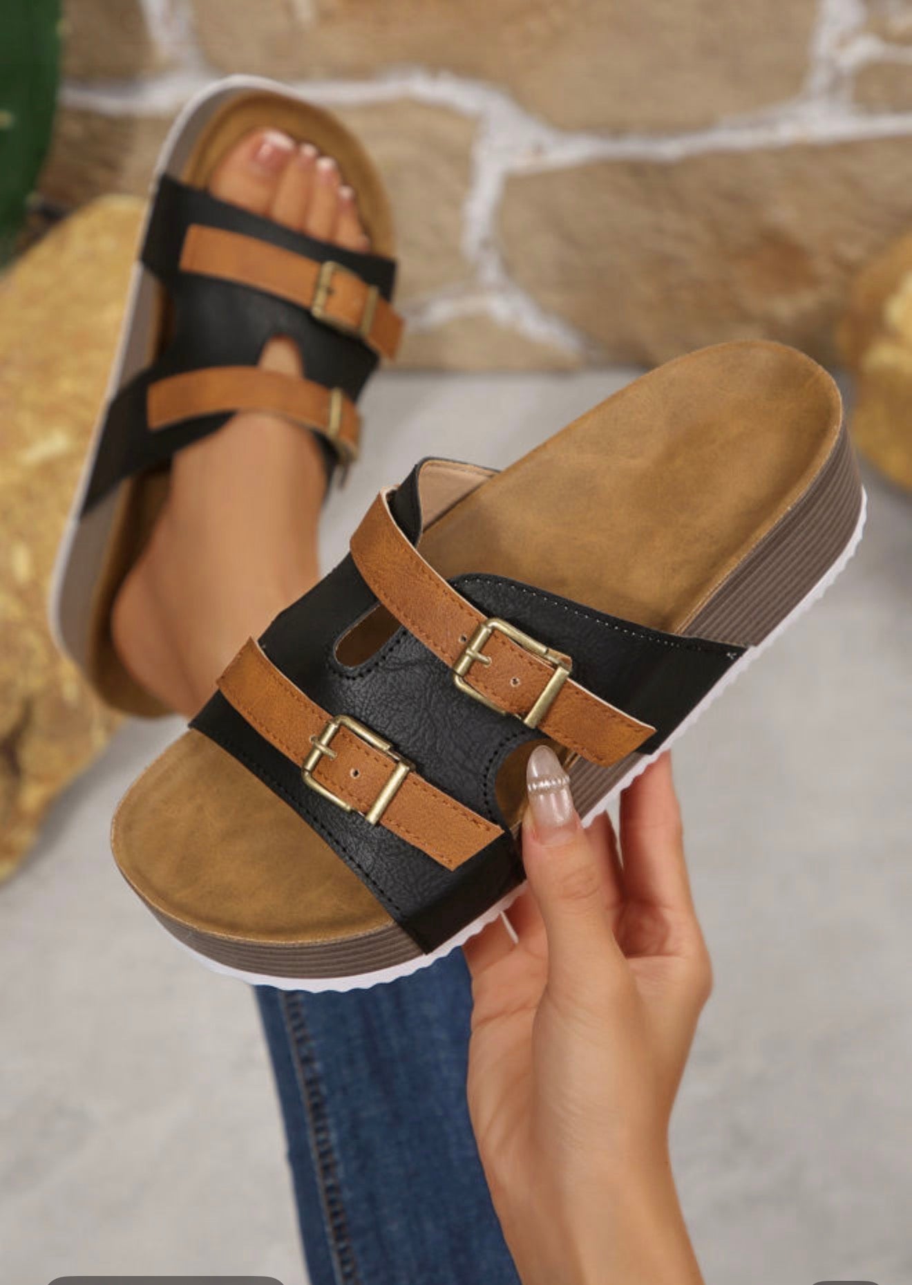 Color Black Faux Buckle Sandal