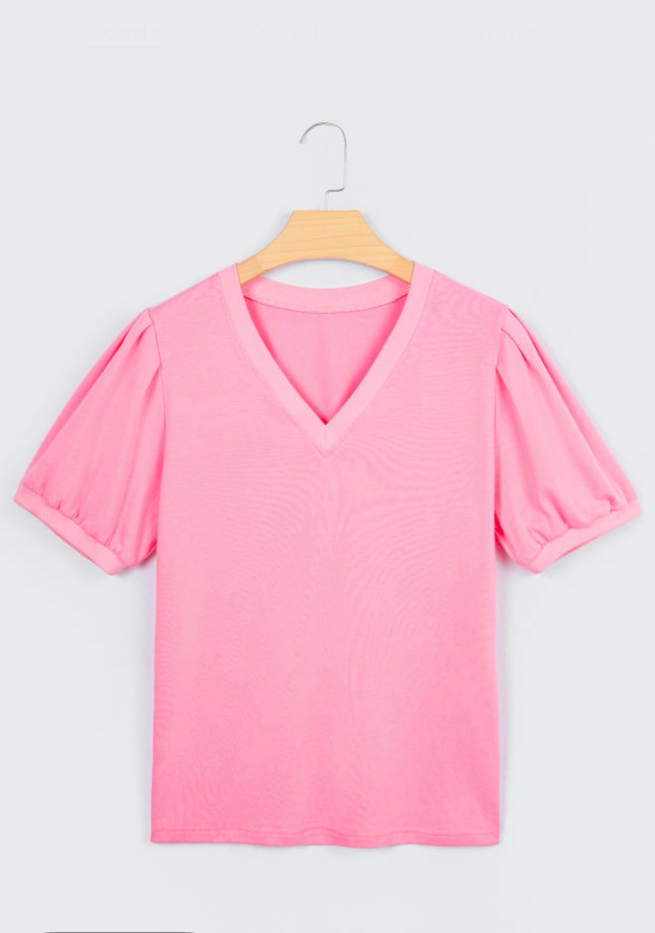 Solid V Neck Short Puff Sleeve