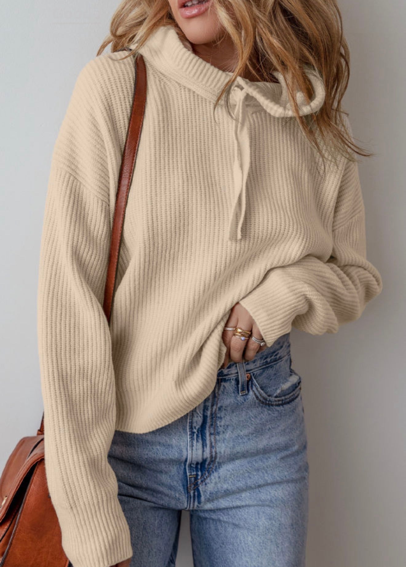 Beige Drawstring Hooded Sweater