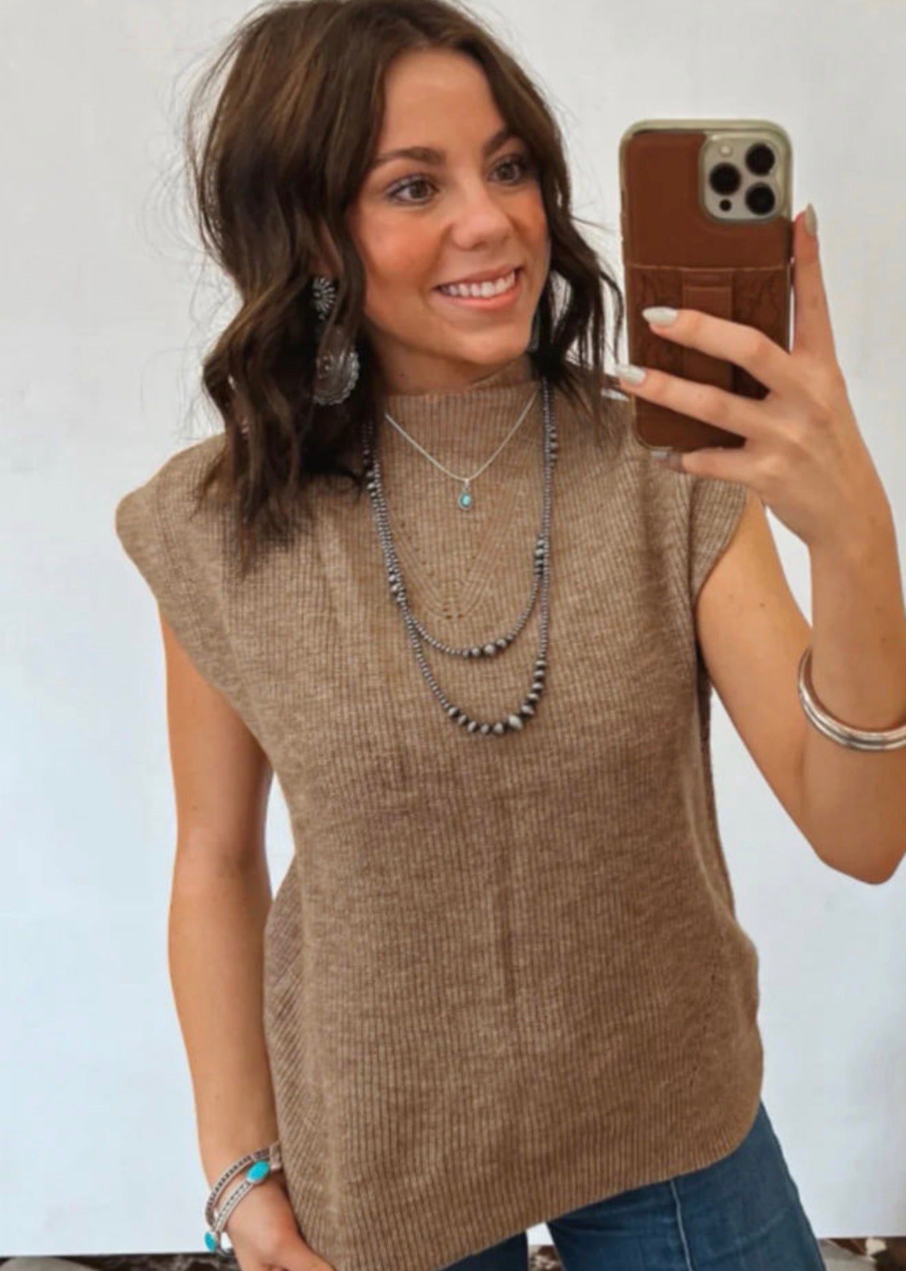 French Beige ribbed knit sleeveless Sweater