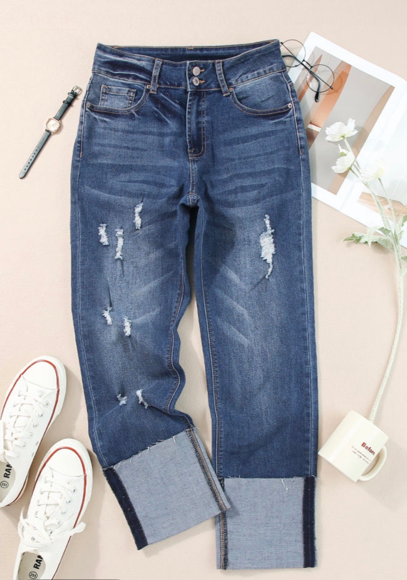 Mid Rise Distressed Straight Leg