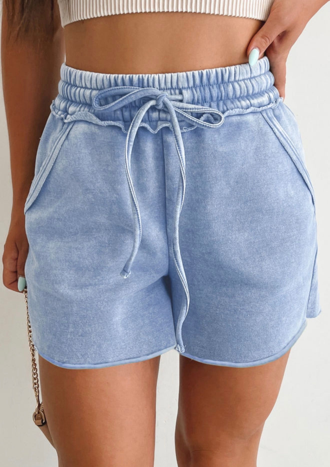Mineral Wash Drawstring Elastic Waist raw cut Shorts