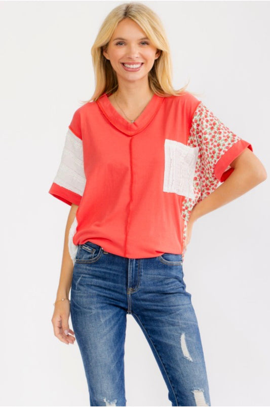 Color Block Floral Pocket Tee