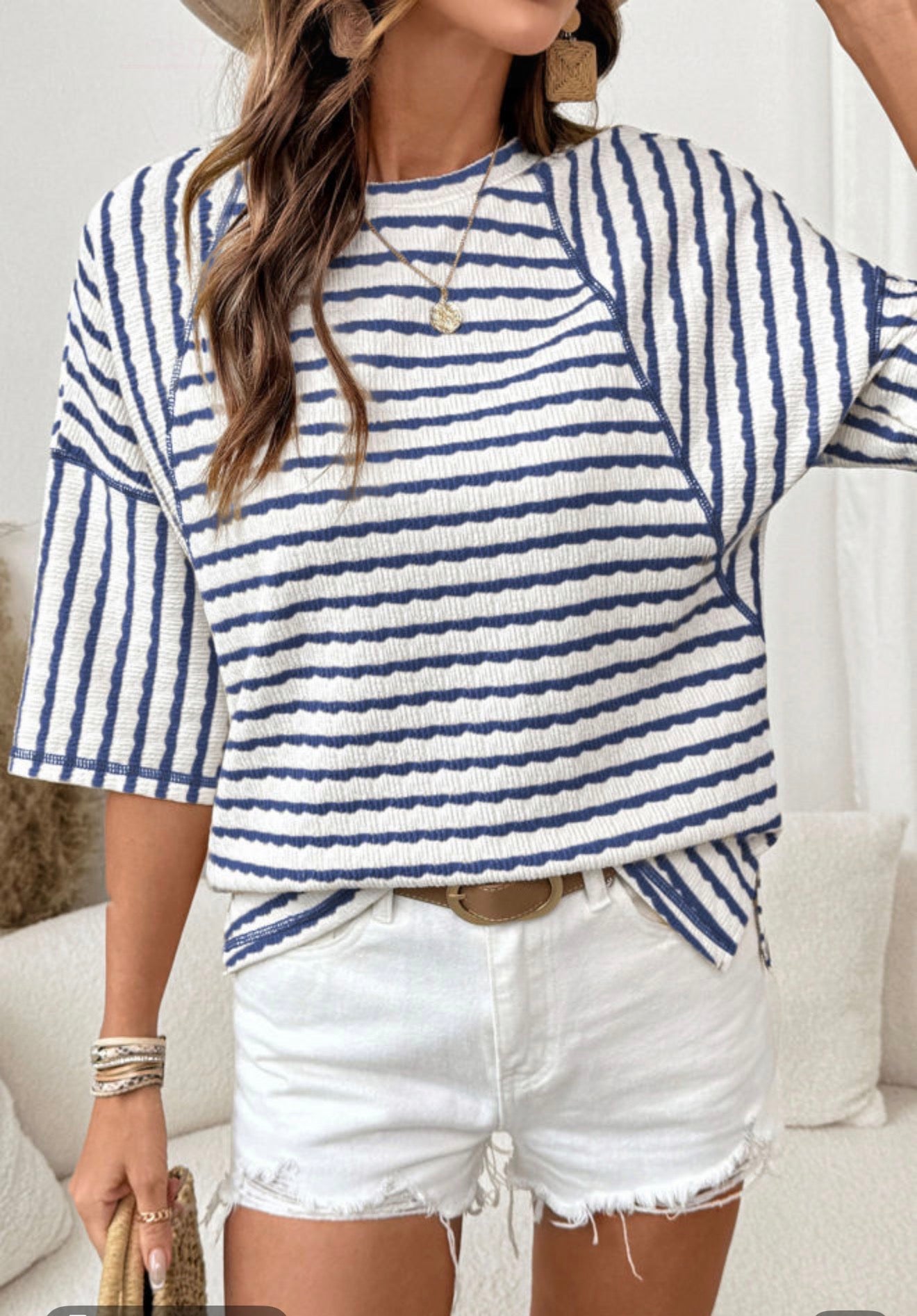 Navy Blue Split Texture Half Sleeve Top