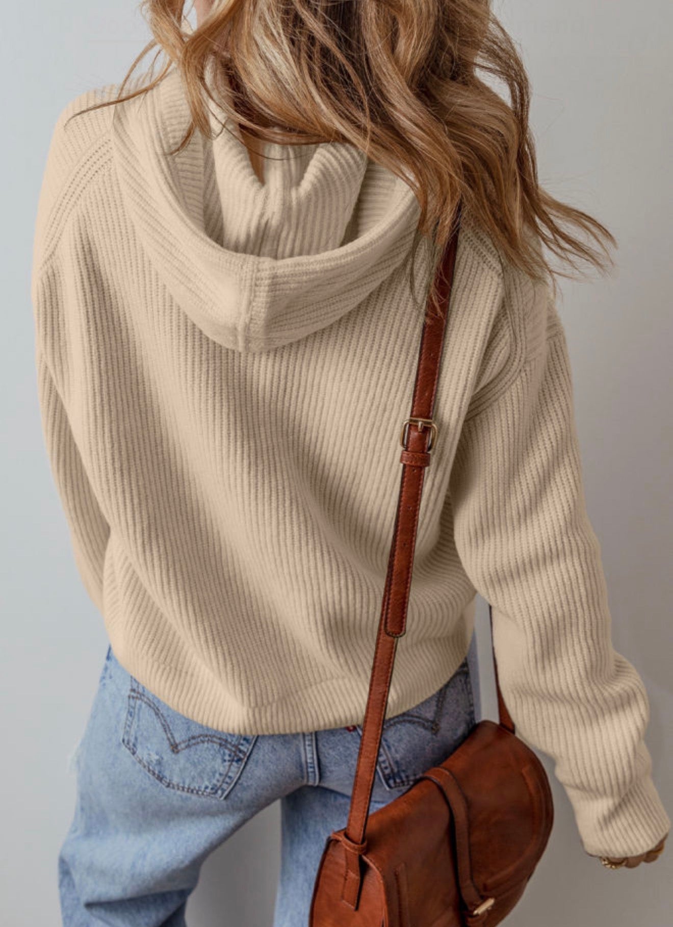 Beige Drawstring Hooded Sweater