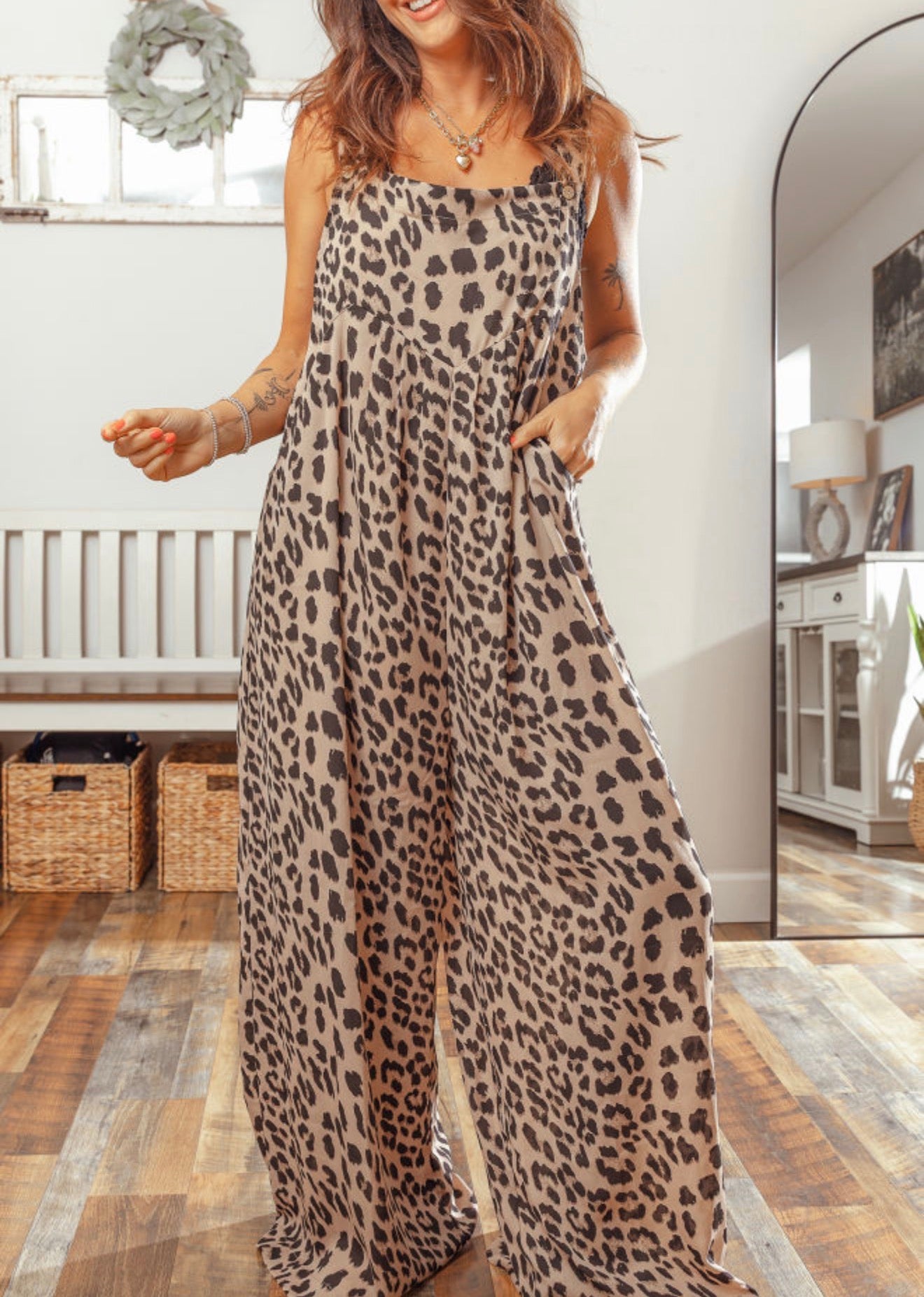 Khaki Leopard Print Square Neck Wide leg Jumpsuit