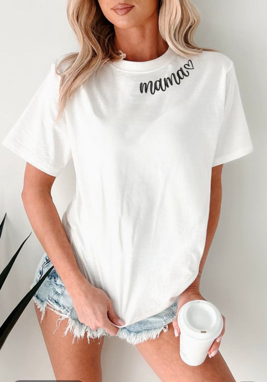 Mama Heart Embroidered white T Shirt