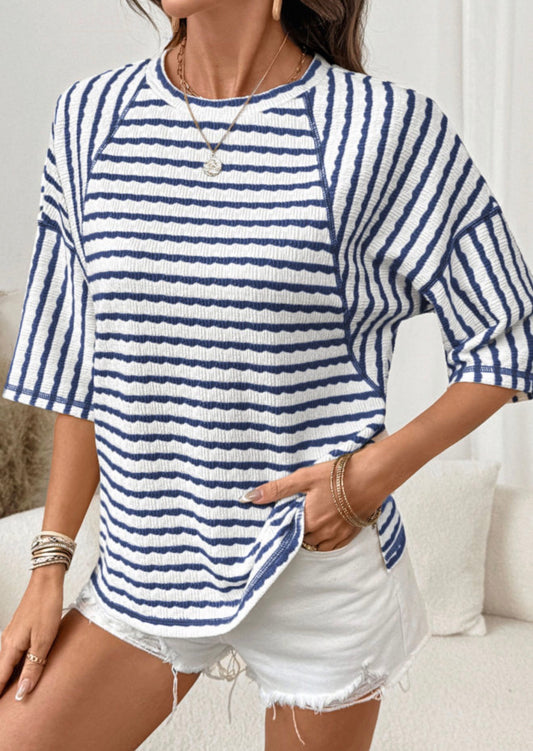 Navy Blue Split Texture Half Sleeve Top