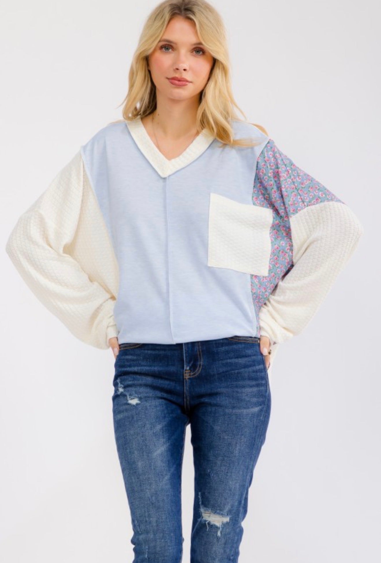 Floral mix V neck Pocket long Sleeve
