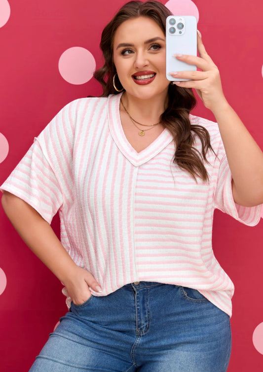 Pink Strip V Neck Exposed Seam