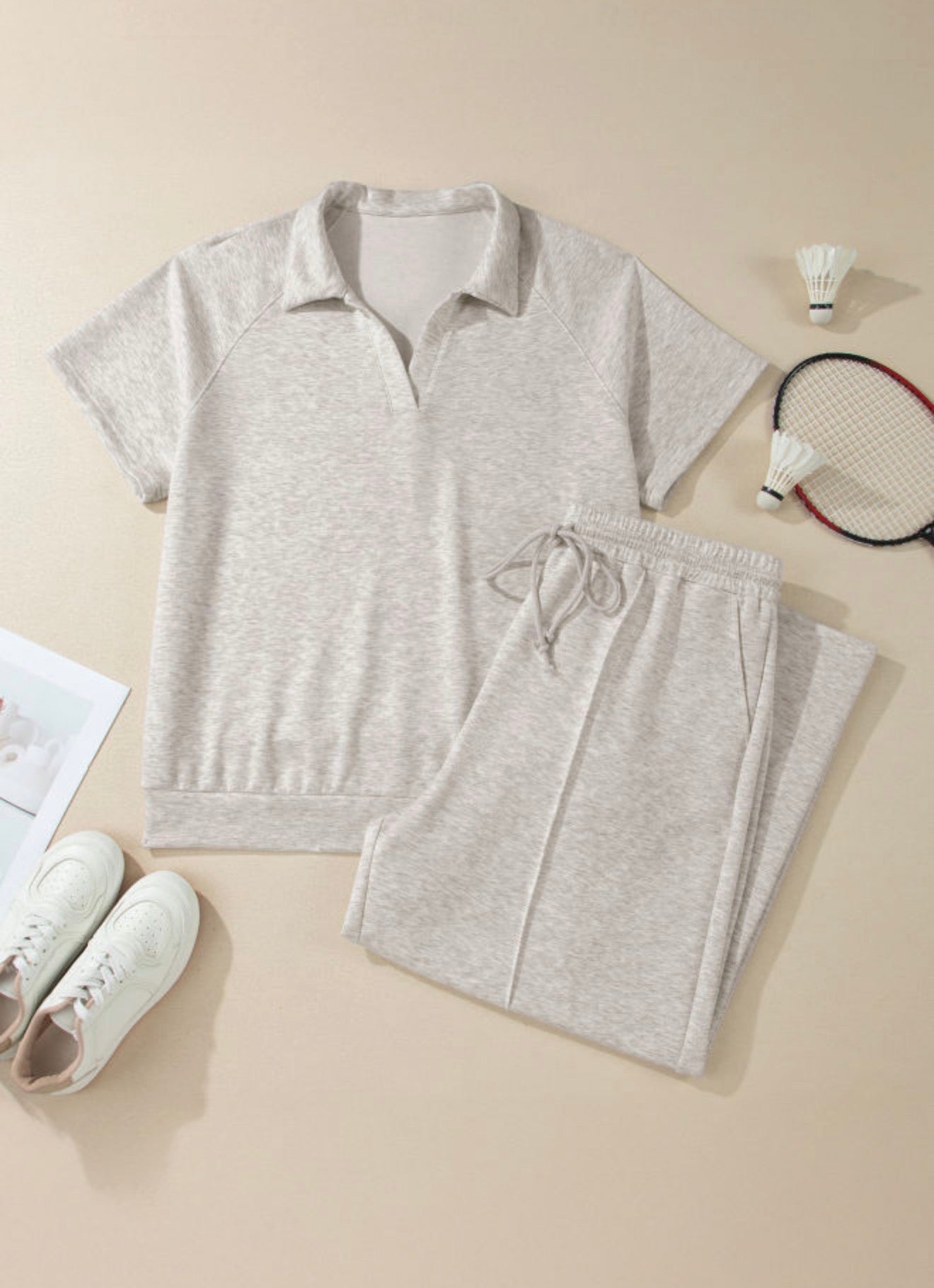 Light Gray Curvy polo Sleeve and Pants Set