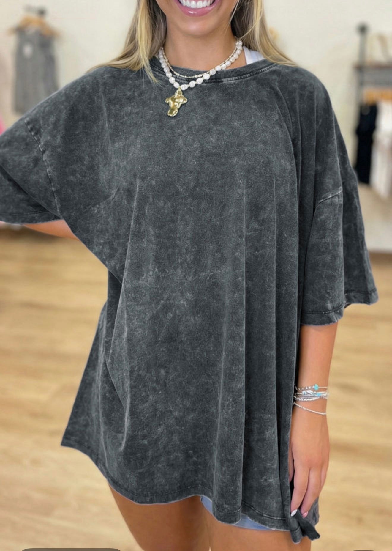 Dark Gray Cotton Mineral Wash Oversized Tee