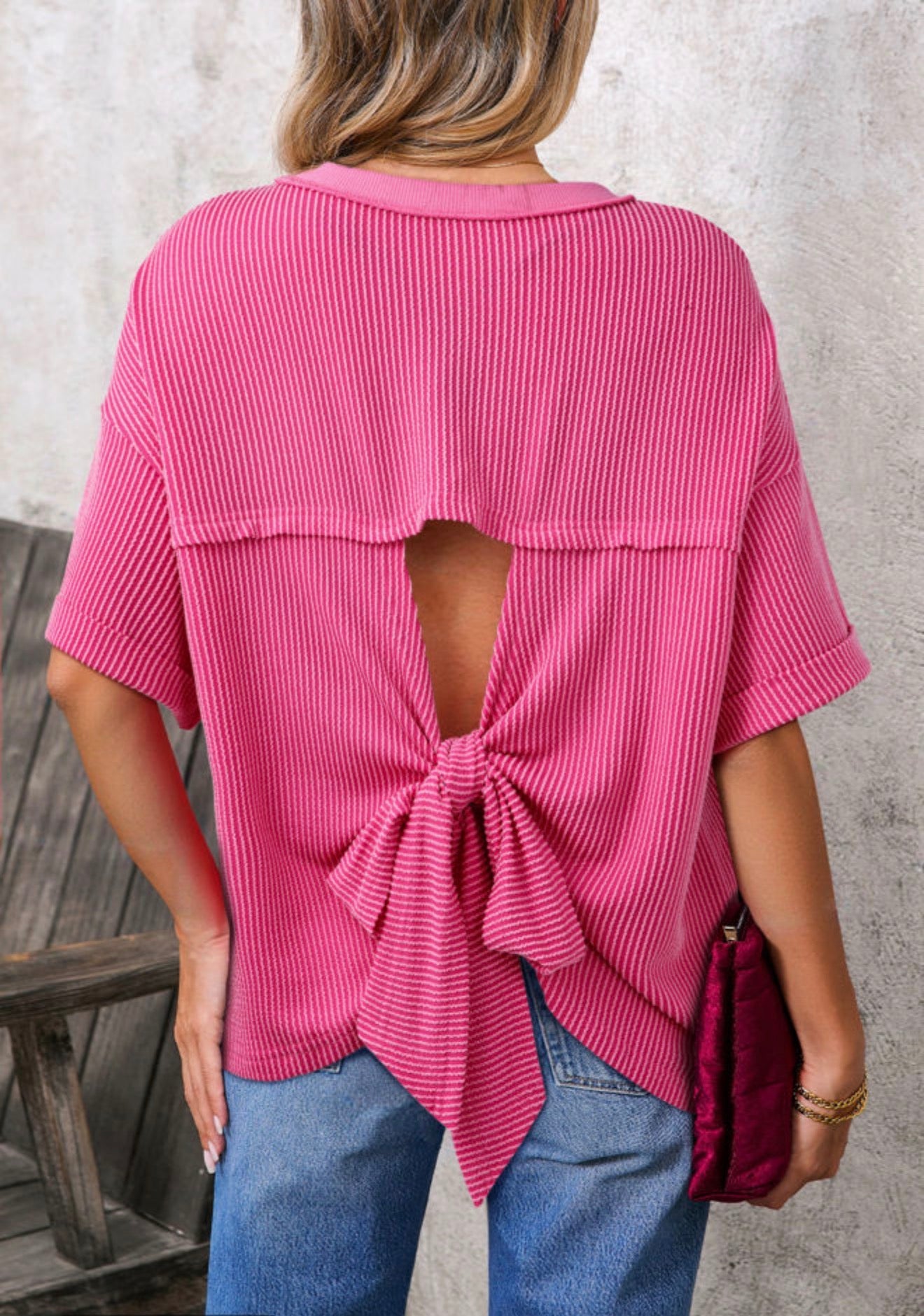Rose Red Spiral Cutout Bow back Oversized tee