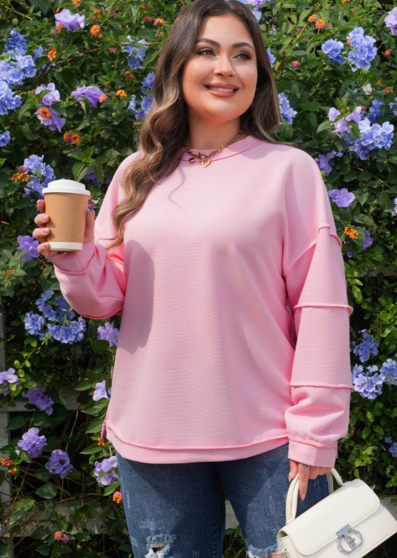 Pink Sleeve Detail Ribbed Top