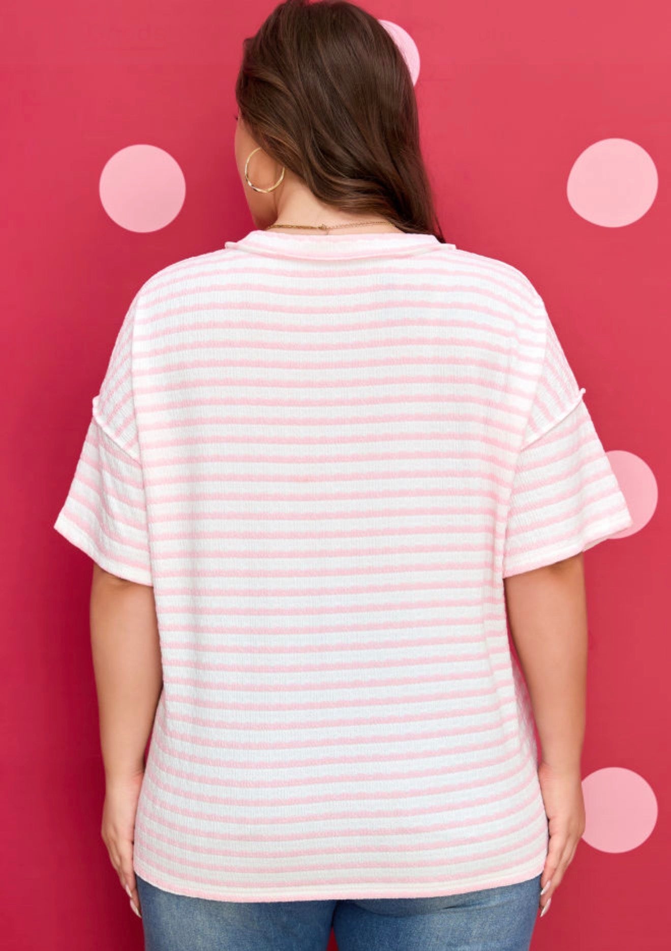 Pink Strip V Neck Exposed Seam