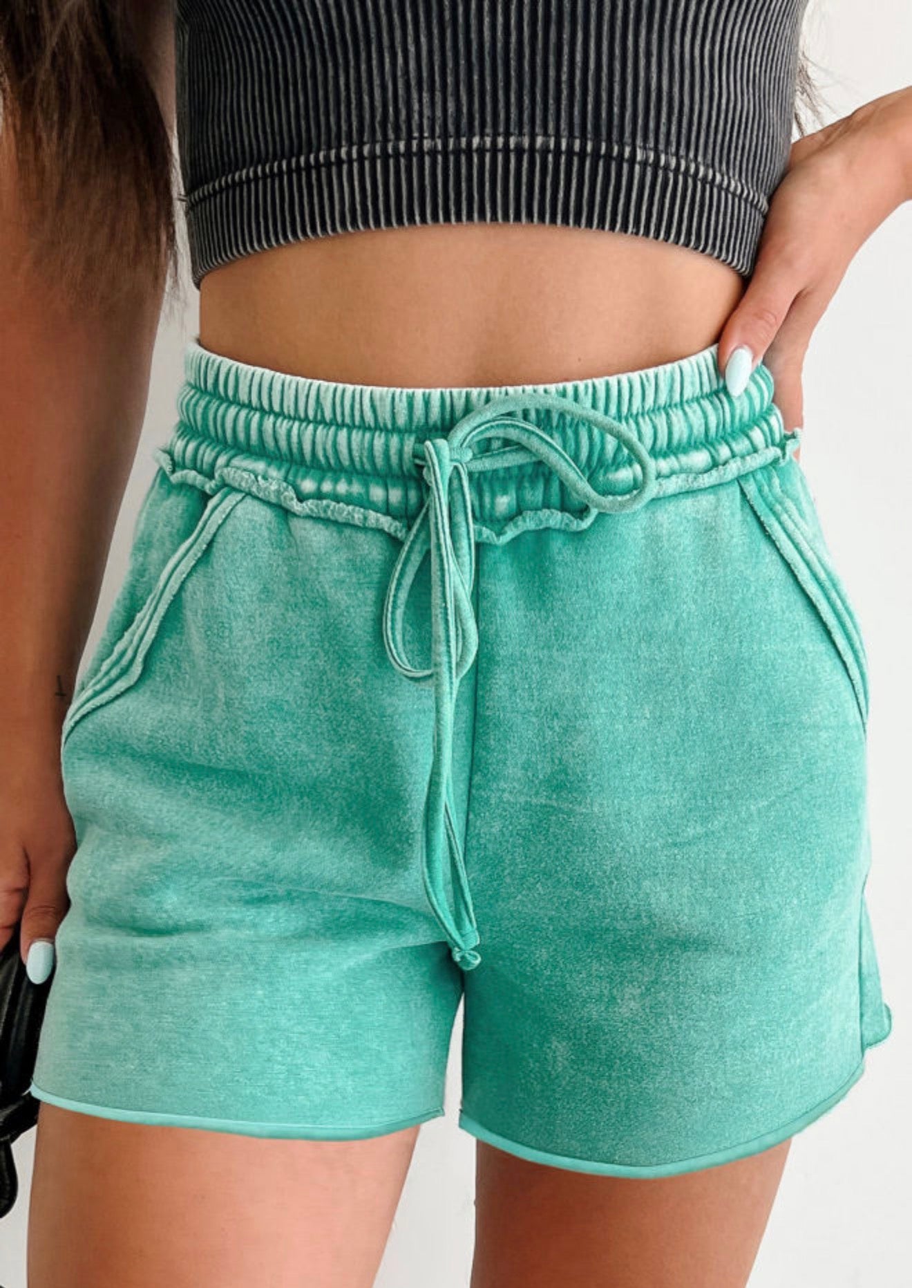 Mineral Wash Drawstring Elastic Waist raw cut Shorts