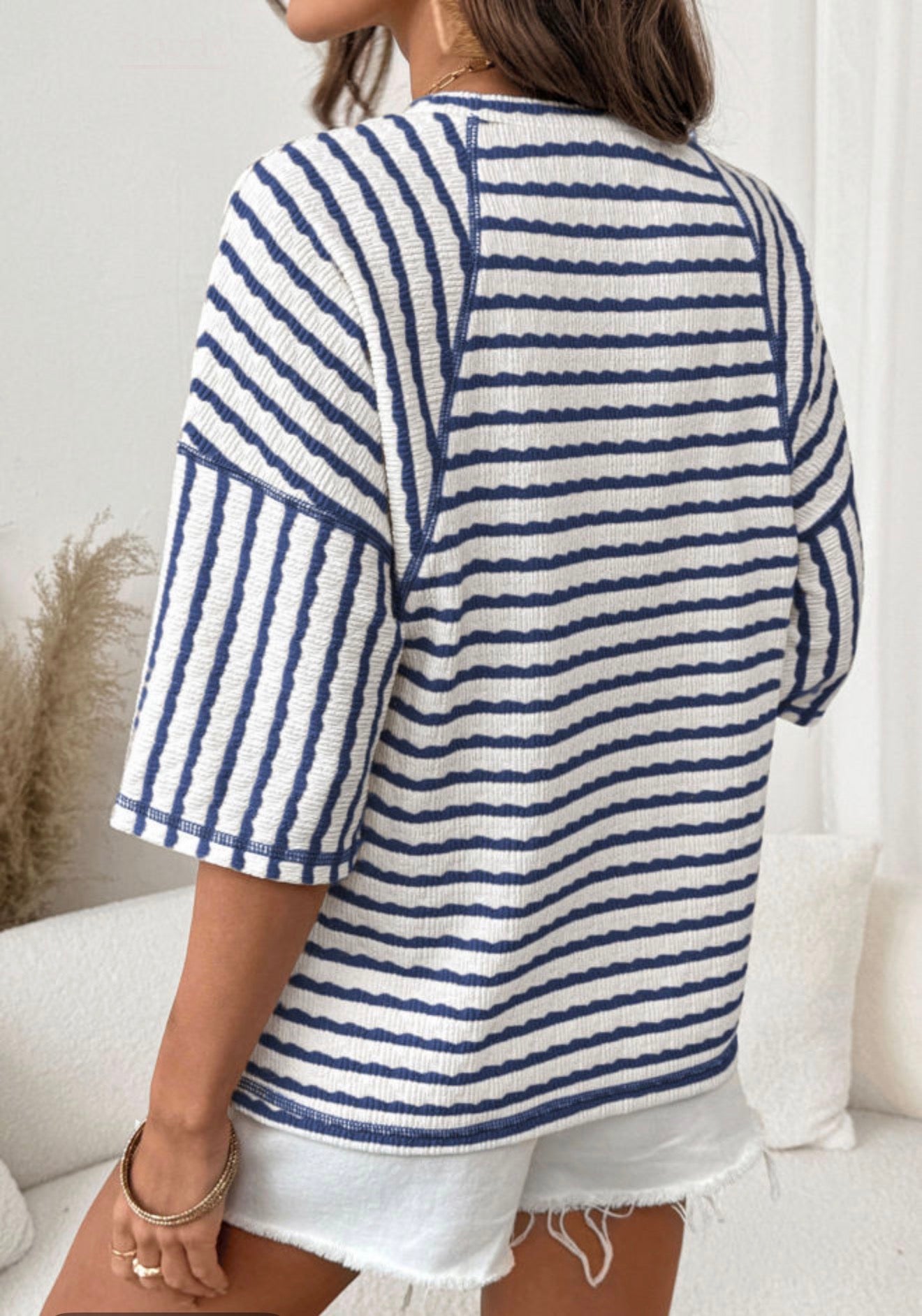 Navy Blue Split Texture Half Sleeve Top
