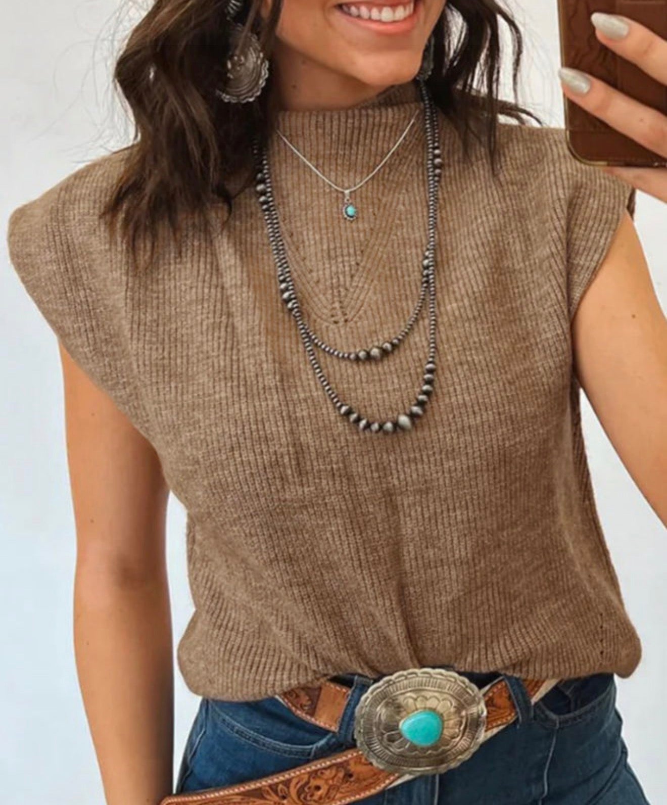 French Beige ribbed knit sleeveless Sweater