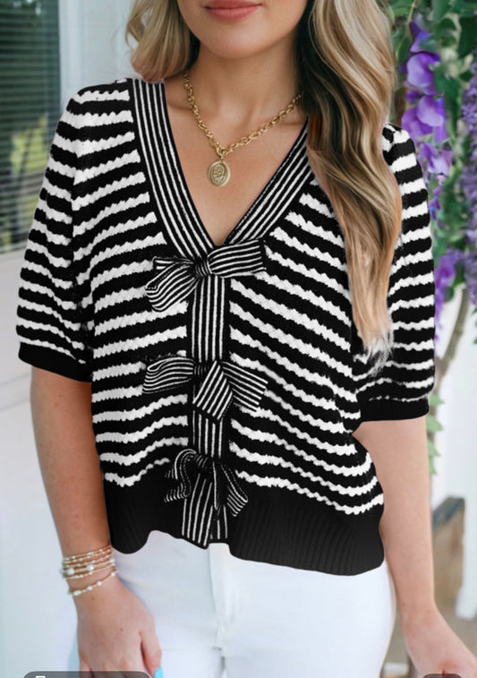 Black Short Sleeve Bow Front Sweater