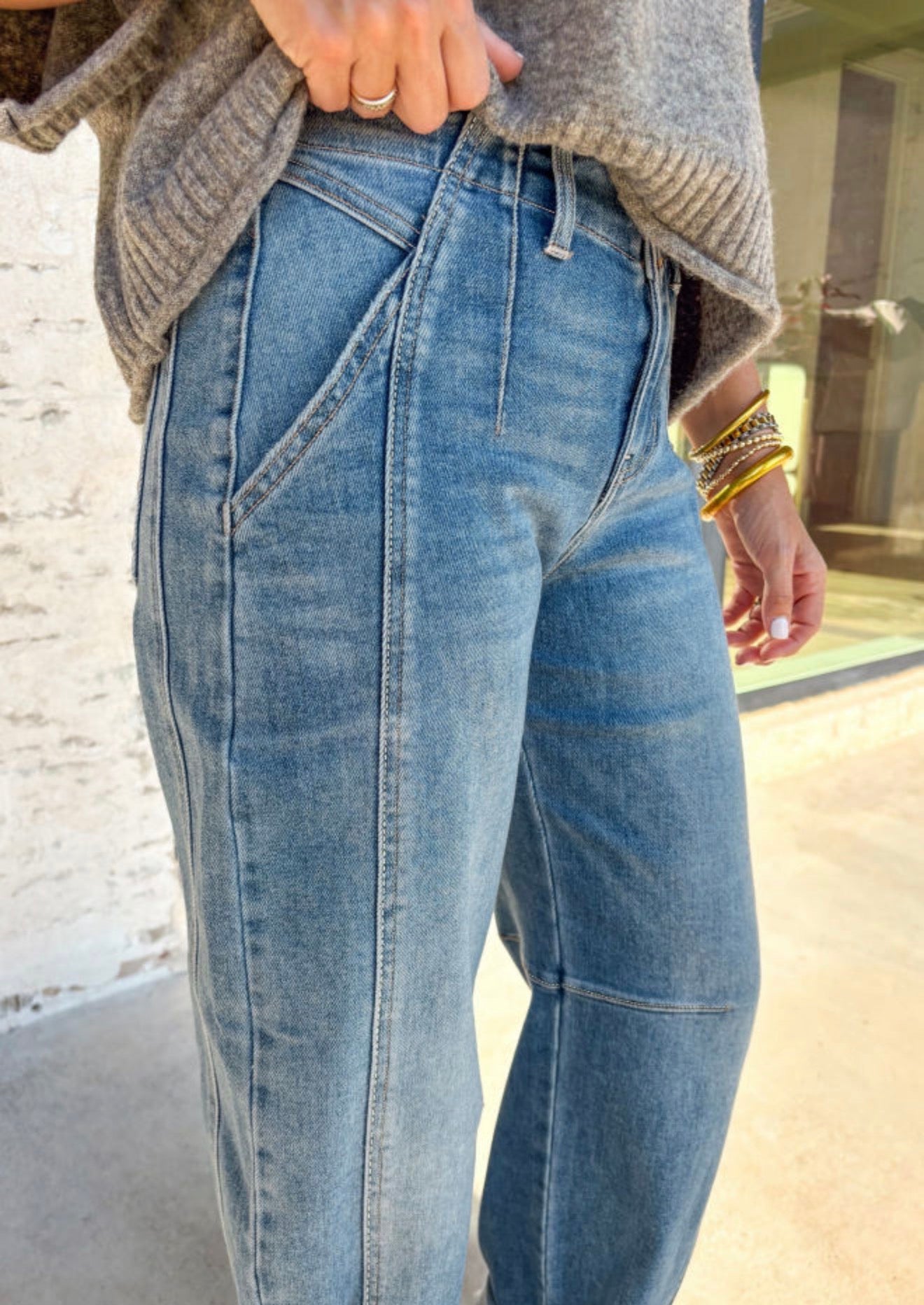 Sky Blue Medium Wash Barrel Jeans