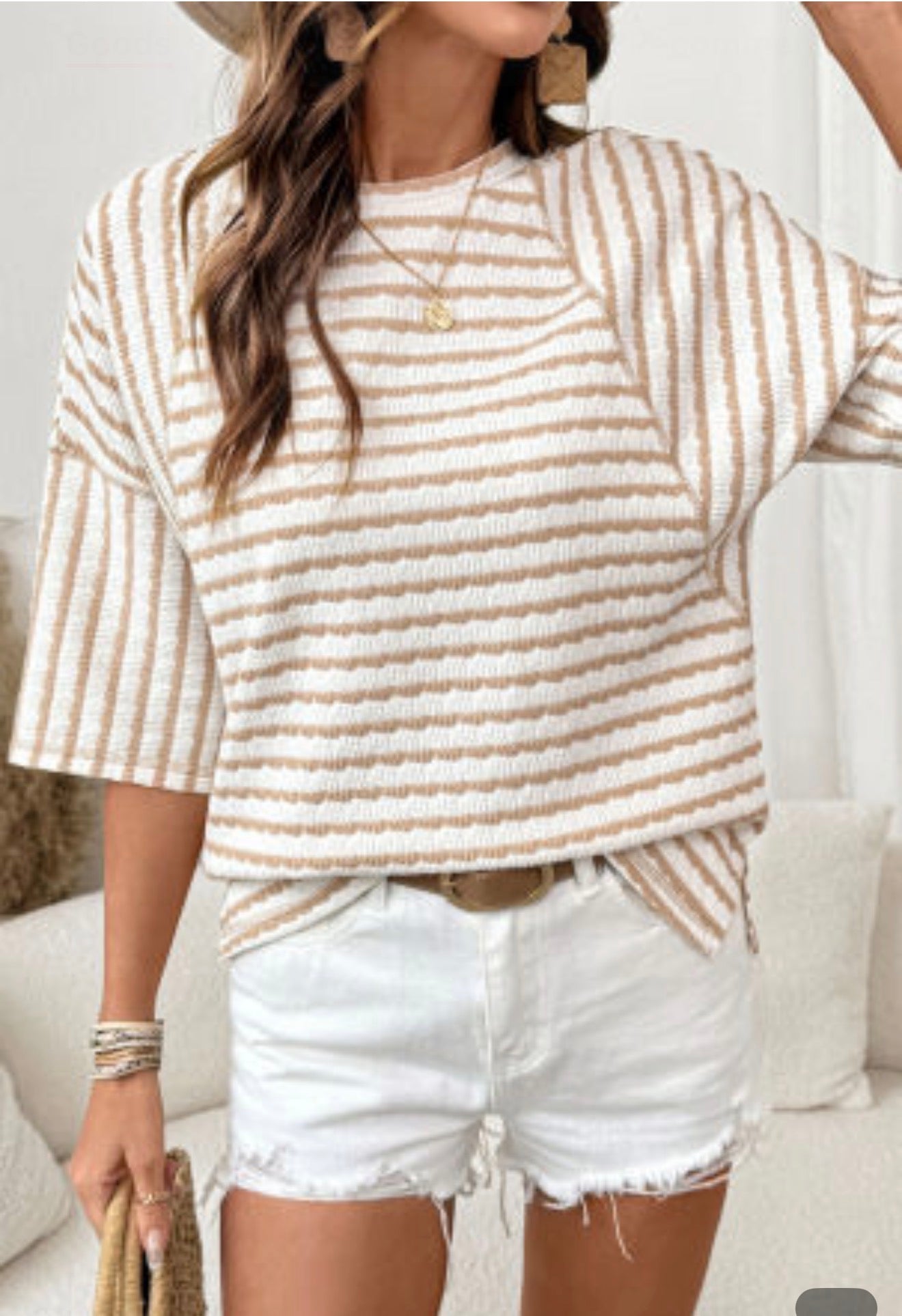 Apricot Stripped Half Sleeve Top