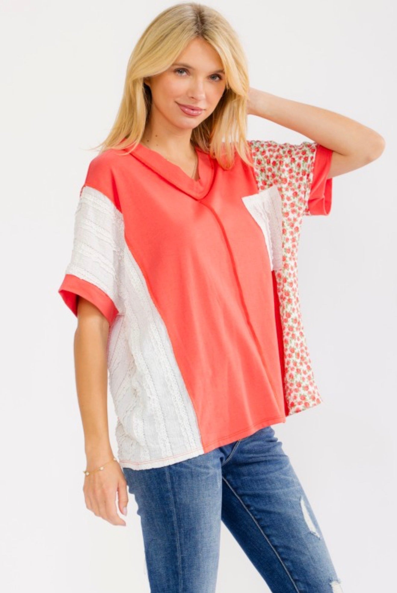 Color Block Floral Pocket Tee