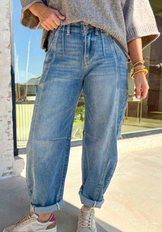 Sky Blue Medium Wash Barrel Jeans