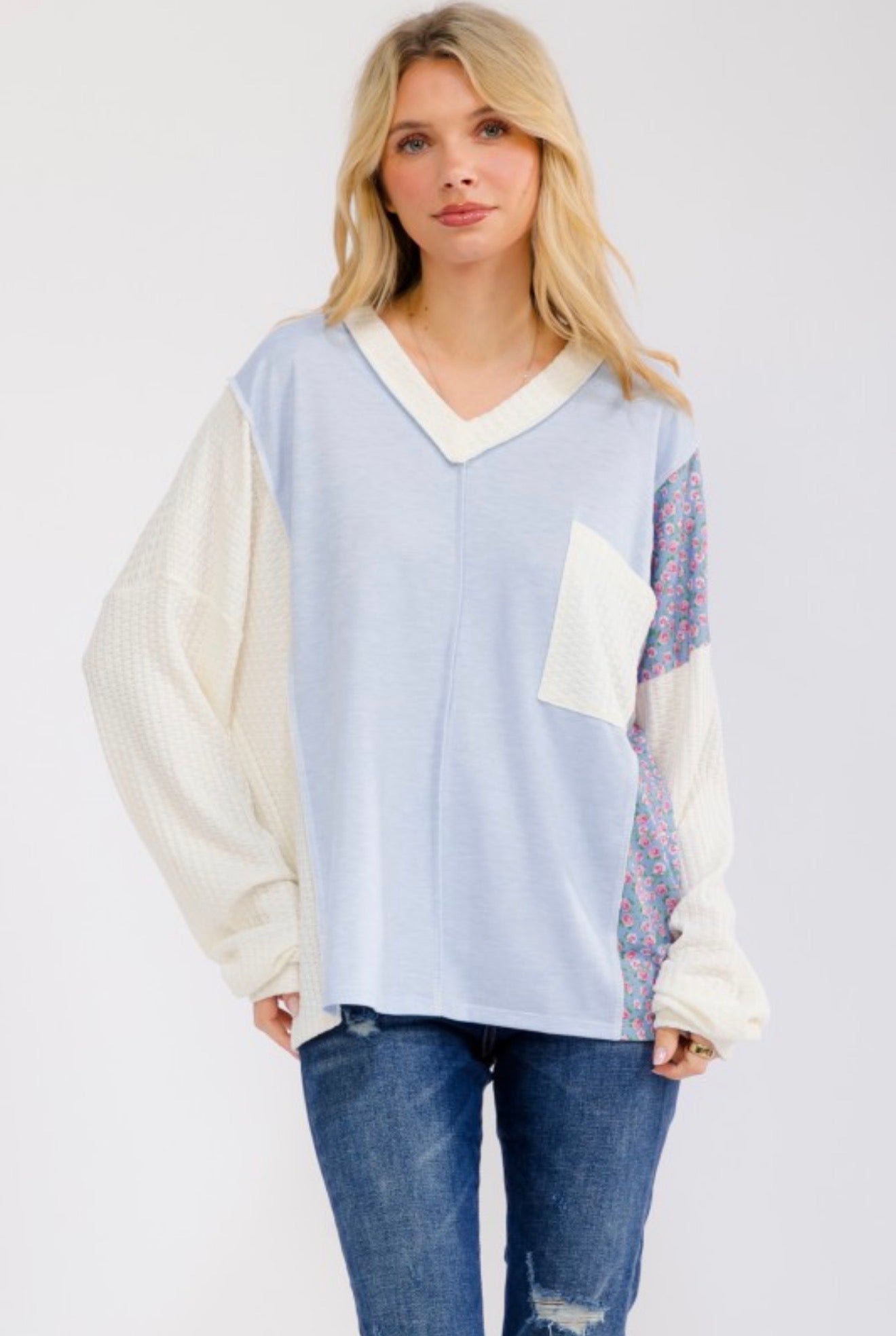Floral mix V neck Pocket long Sleeve