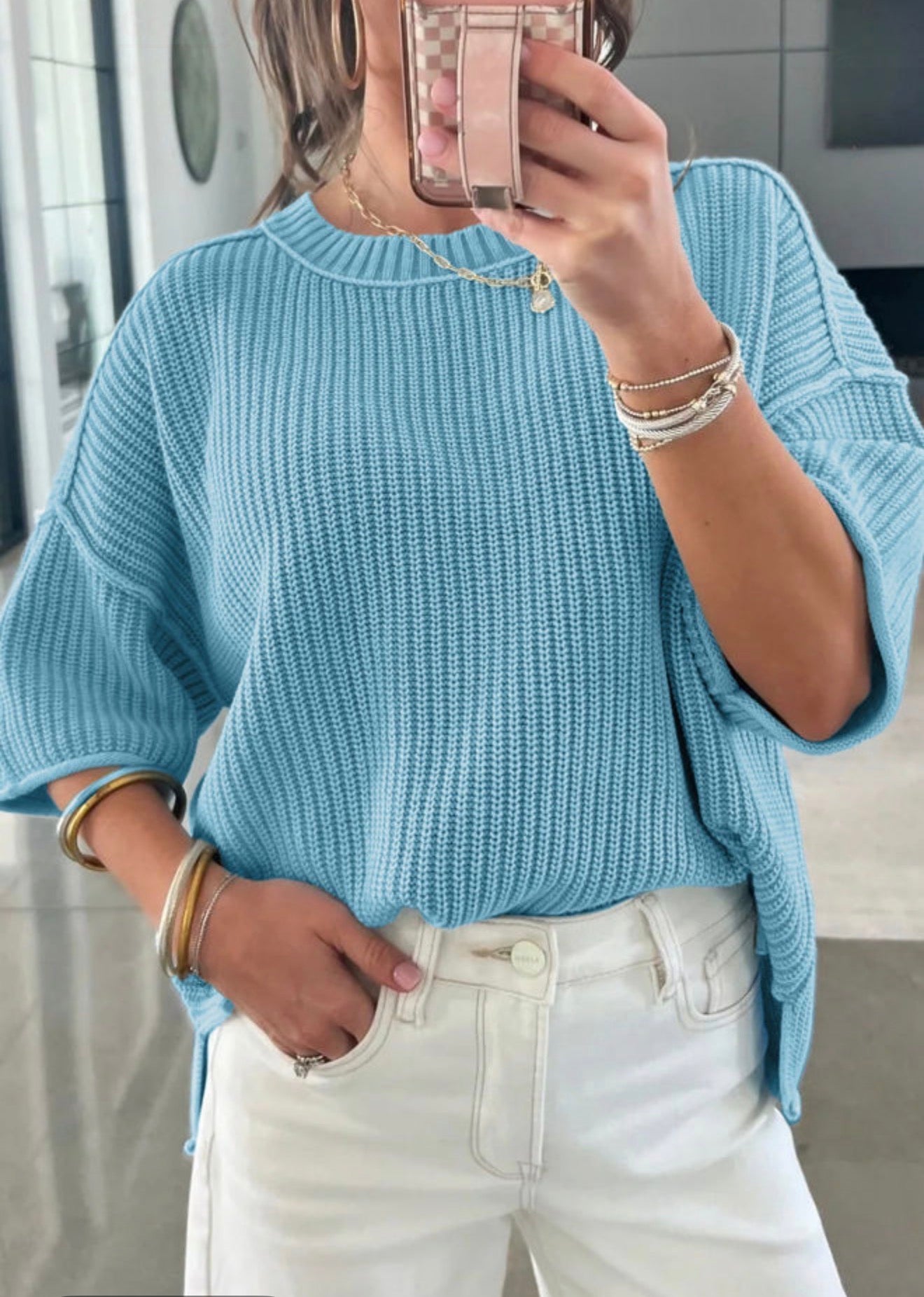 Mist Blue Exposed Seam Loose Sweater