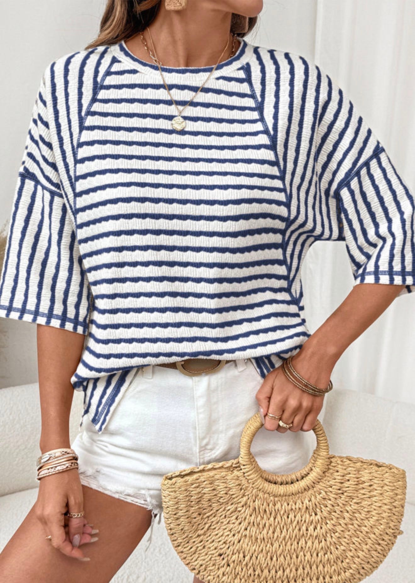 Navy Blue Split Texture Half Sleeve Top