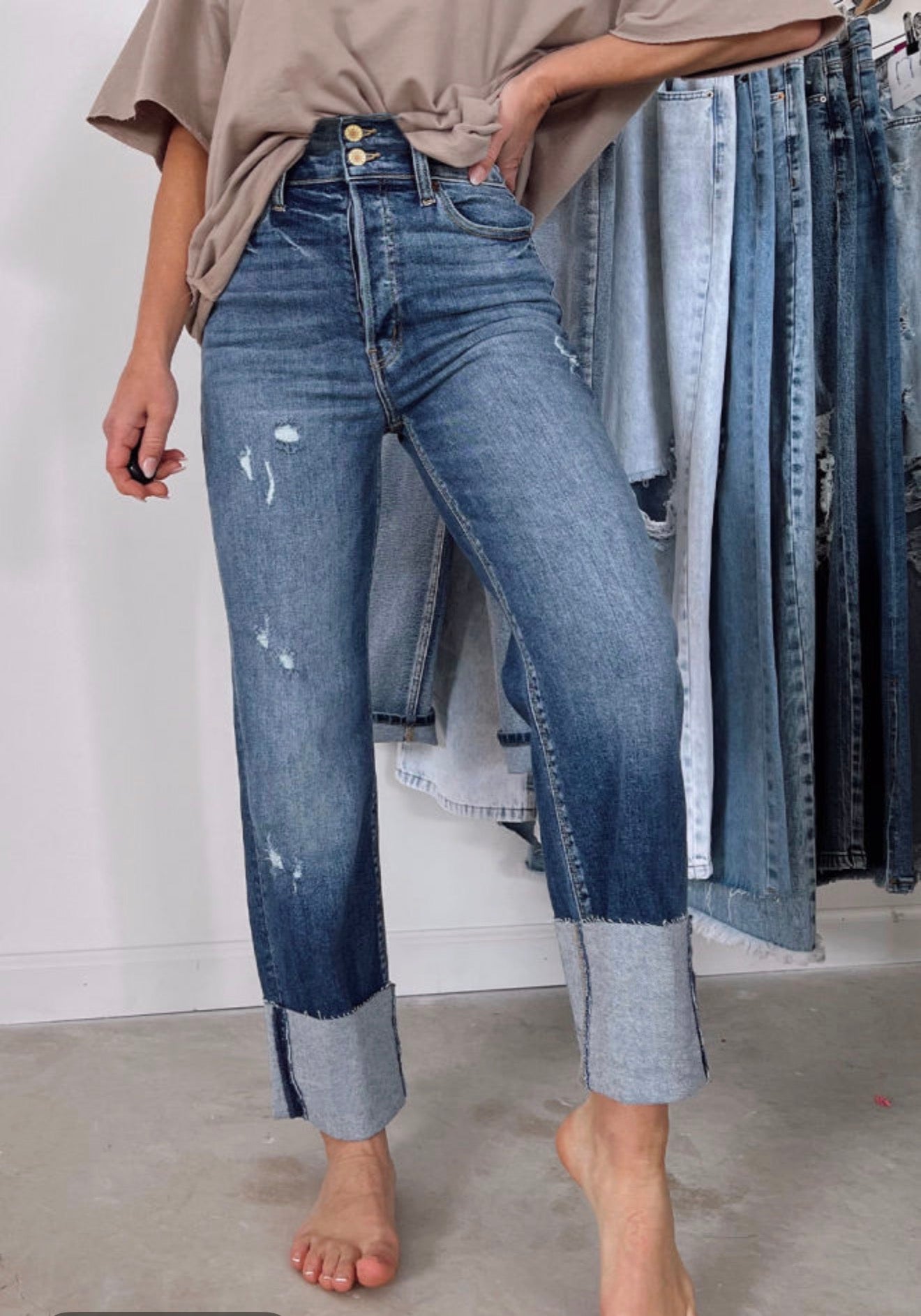 Mid Rise Distressed Straight Leg