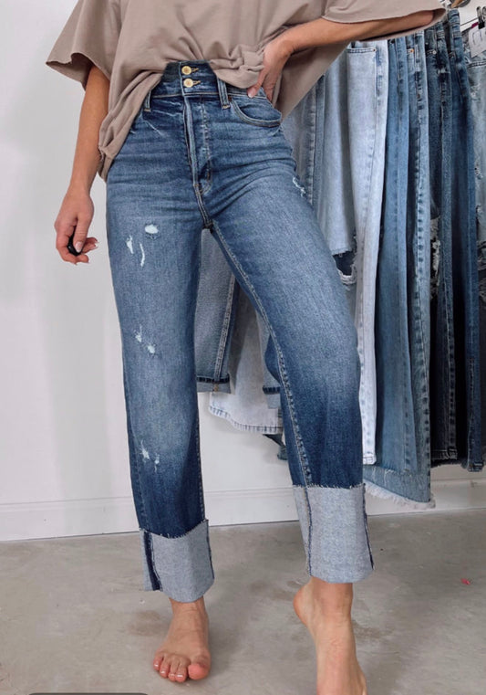 Mid Rise Distressed Straight Leg
