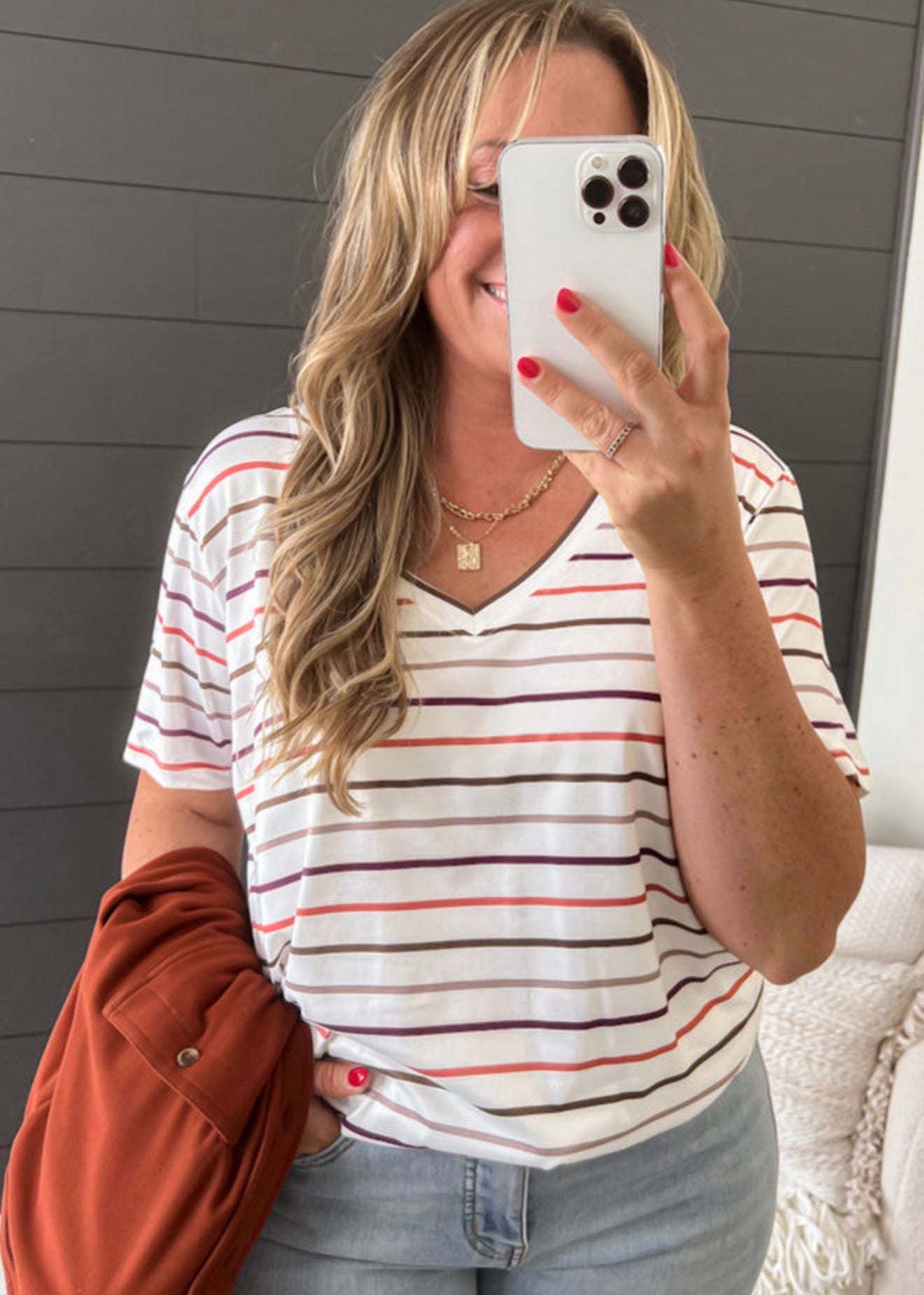 Curvy White solid Stripe Tee