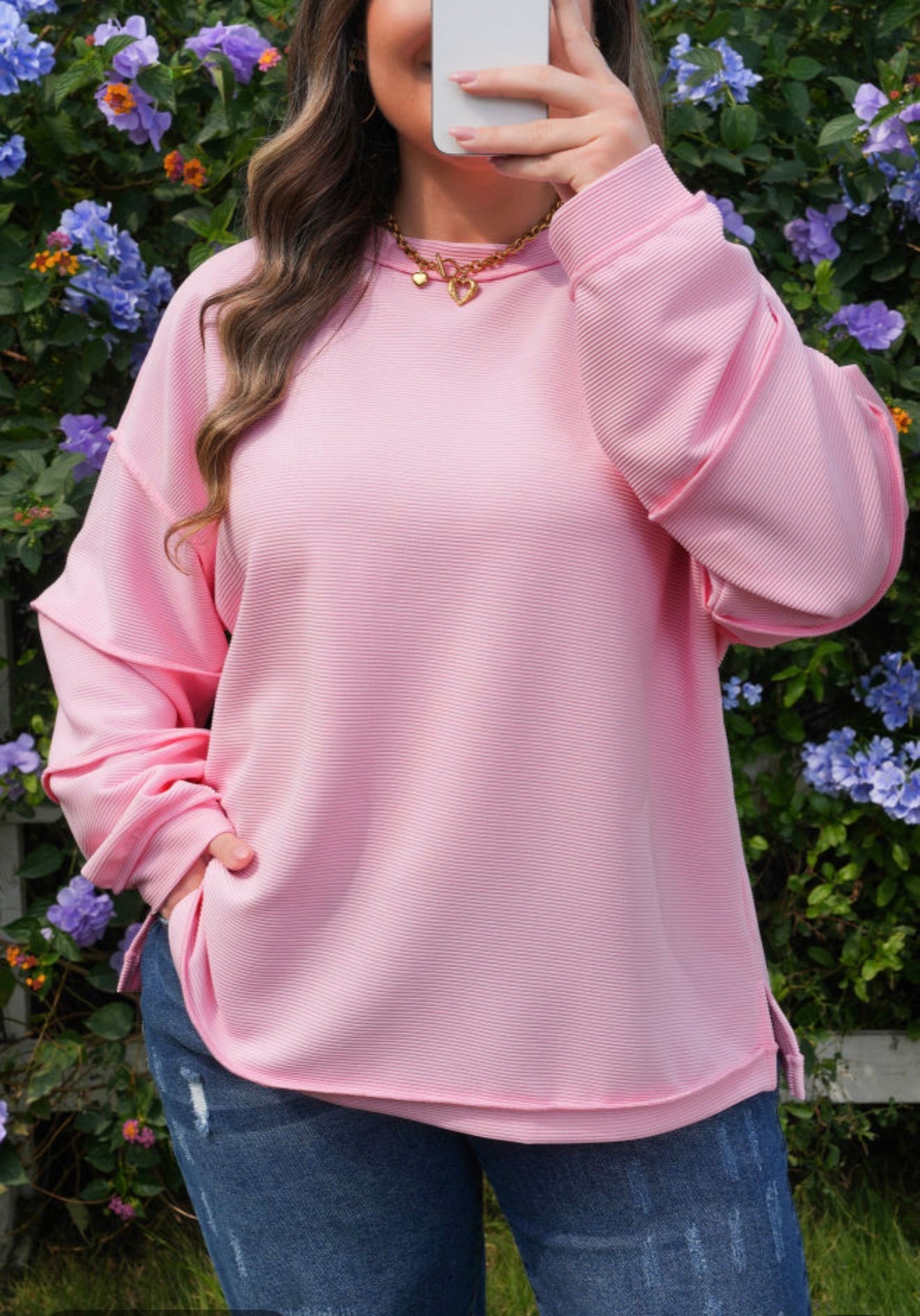 Pink Sleeve Detail Ribbed Top