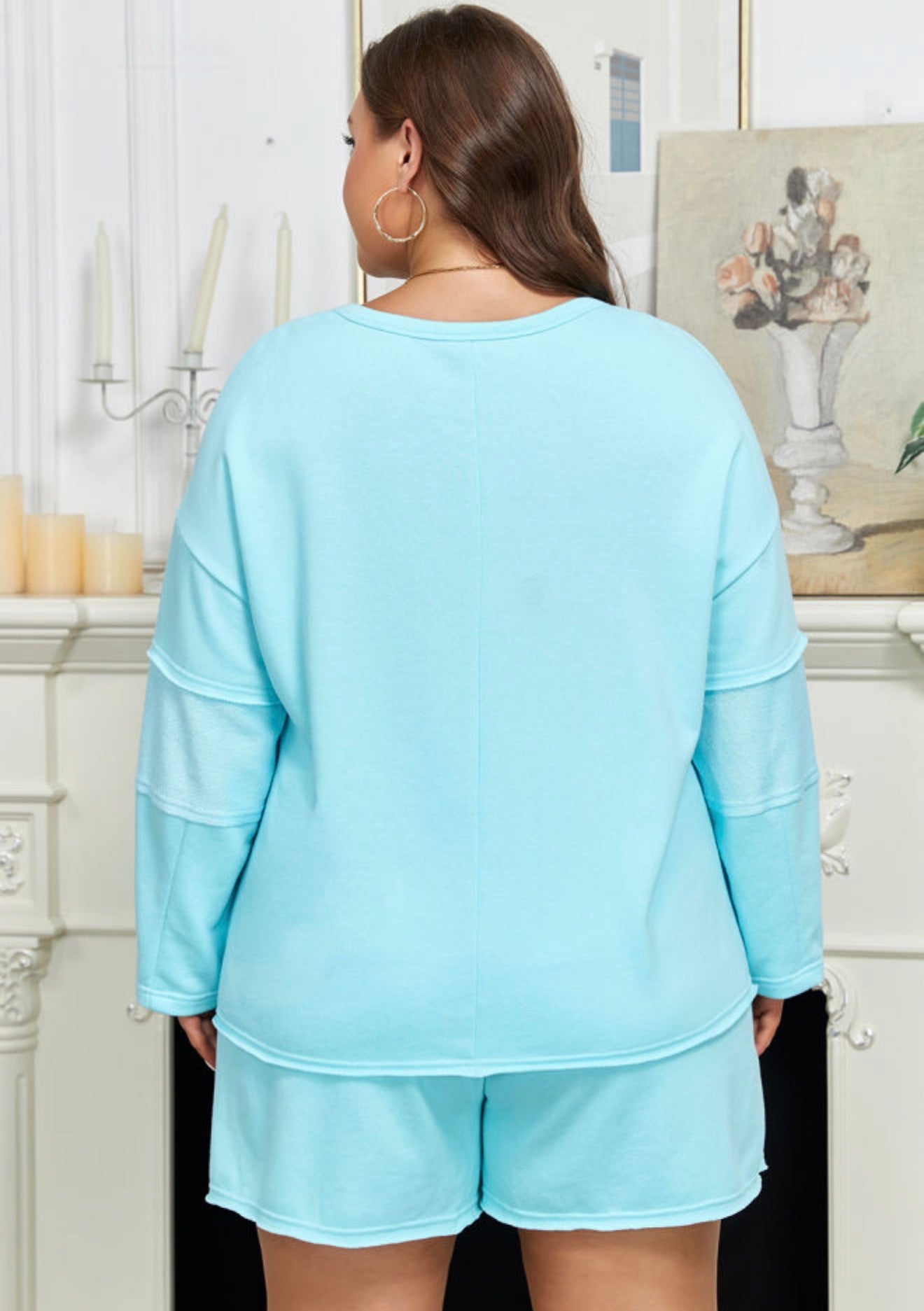 Aruba Blue solid pullover long sleeve Short set