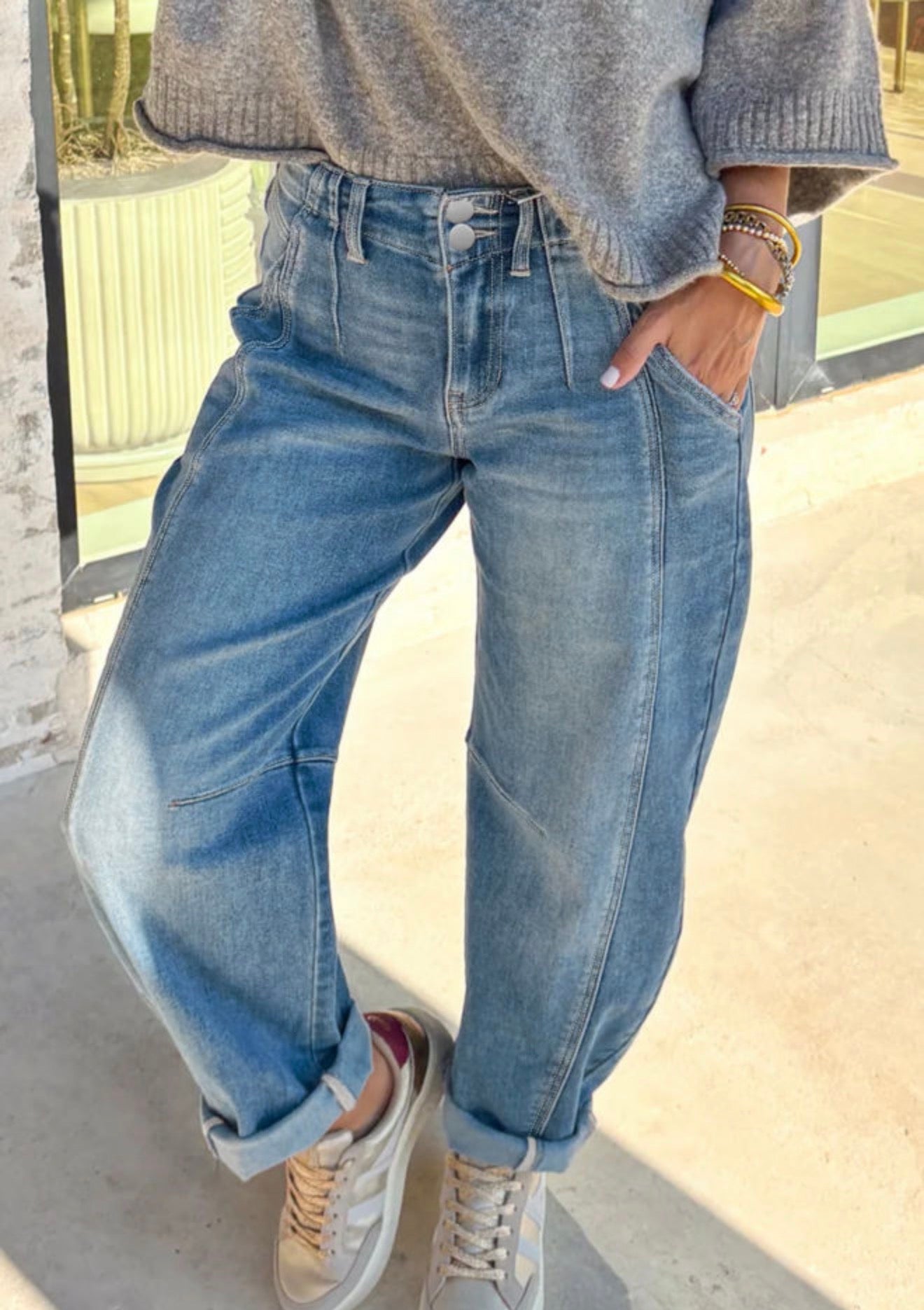 Sky Blue Medium Wash Barrel Jeans