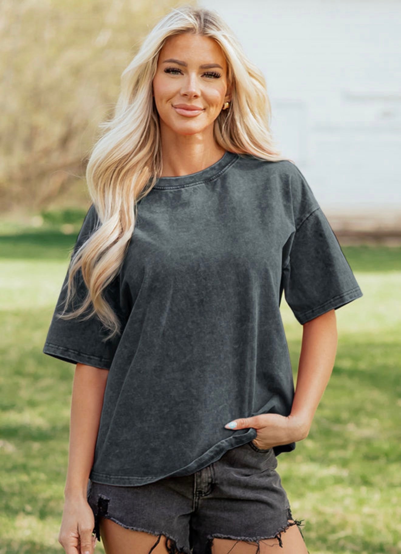 Dark Gray Cotton Mineral Wash Oversized Tee