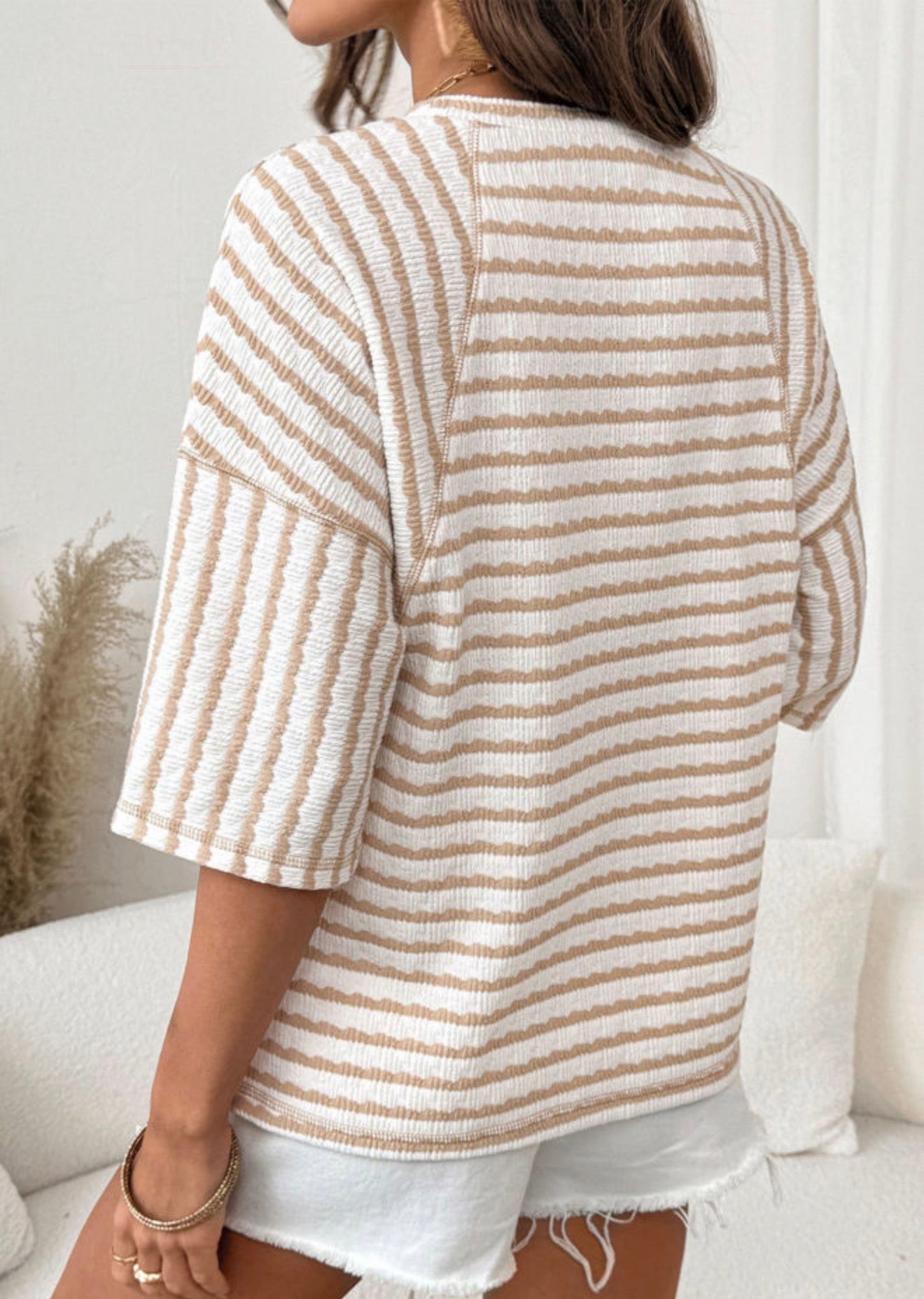 Apricot Stripped Half Sleeve Top