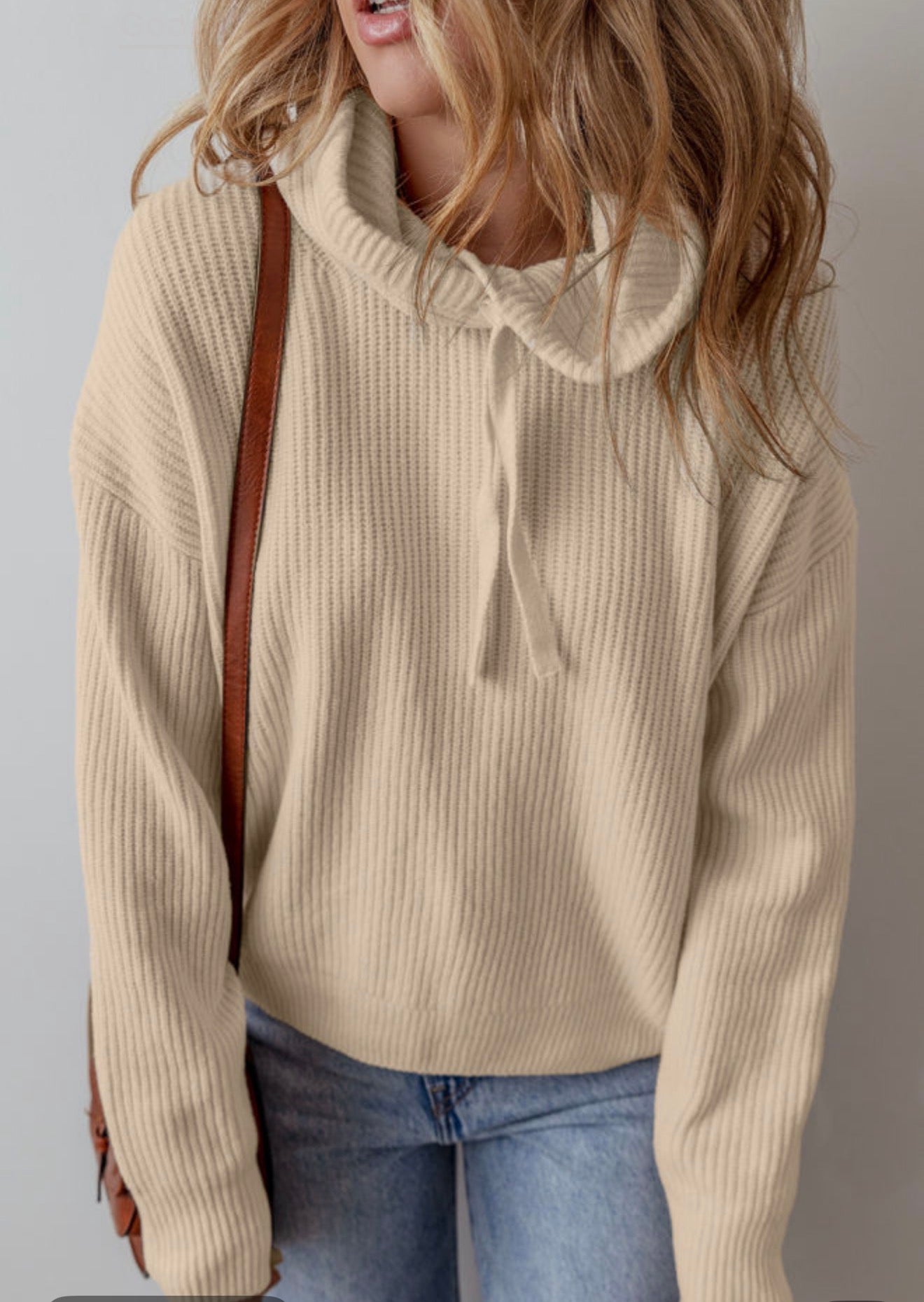 Beige Drawstring Hooded Sweater