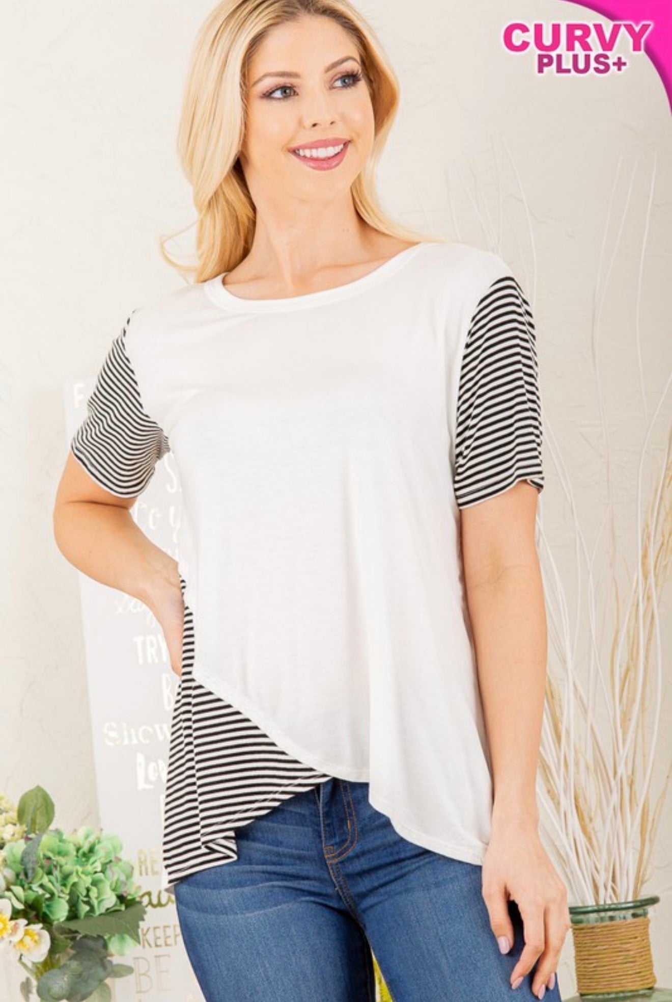 Solid w/ Stripe sleeve contrast Tee