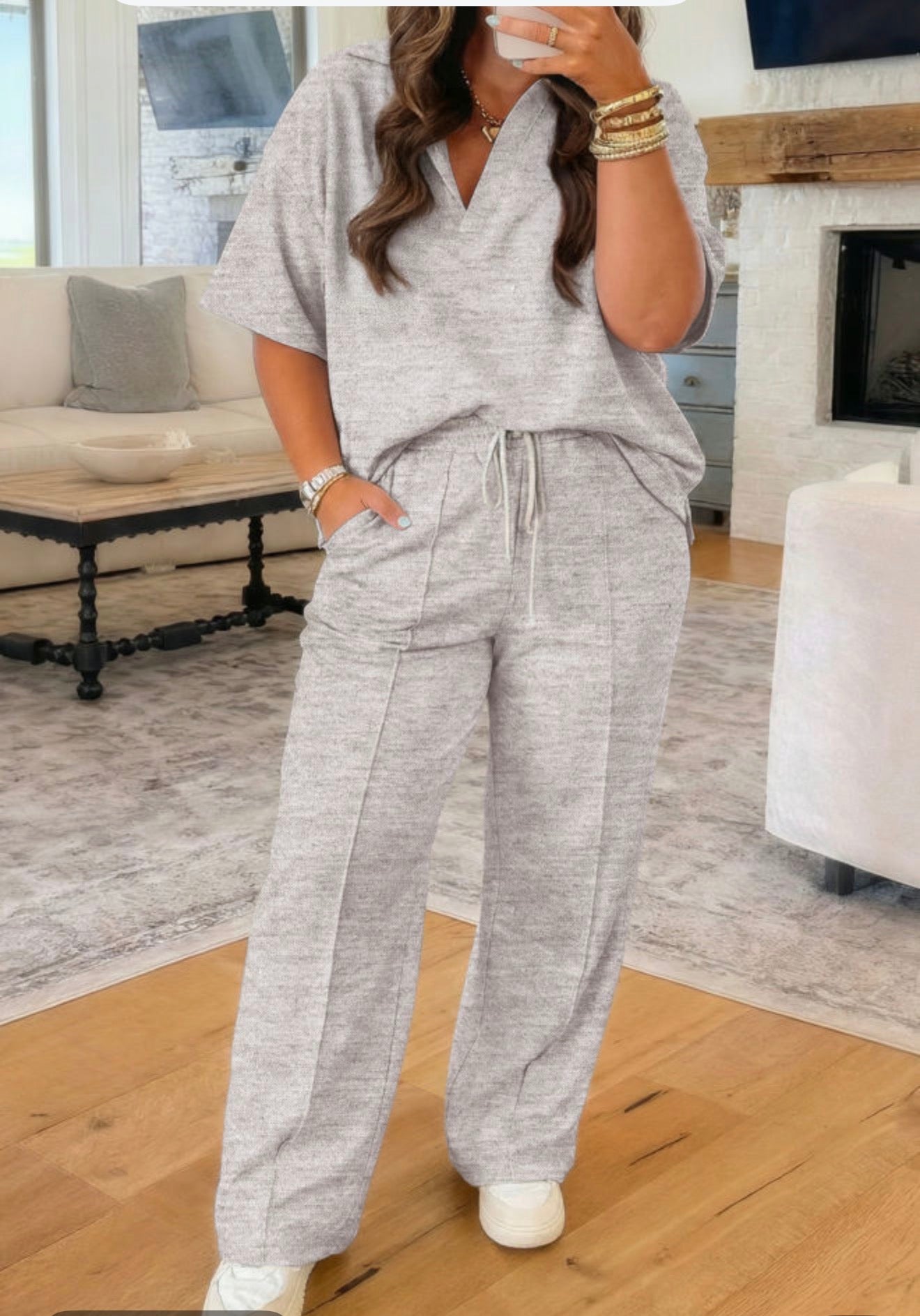 Light Gray Curvy polo Sleeve and Pants Set